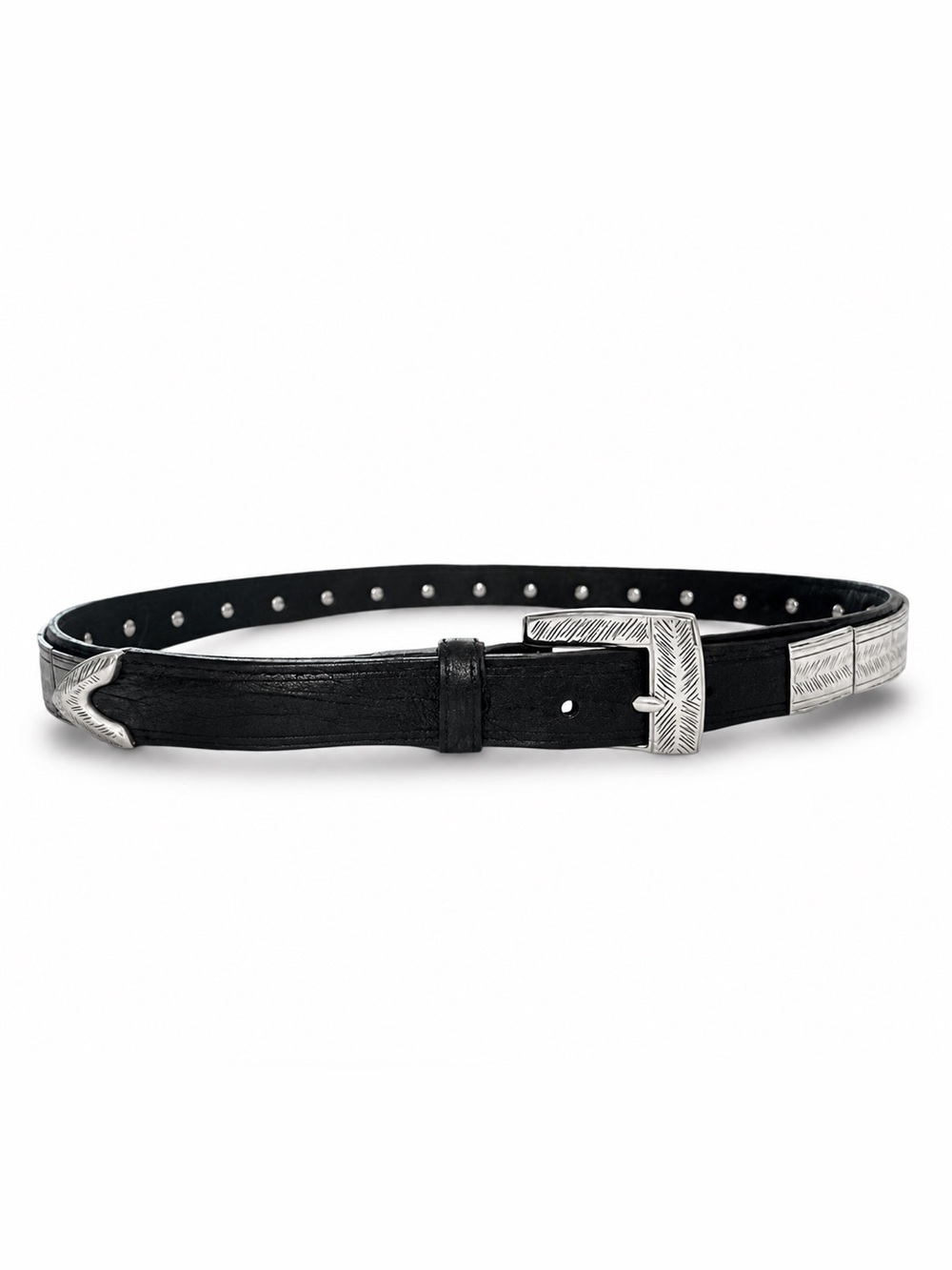 J & M DAVIDSON Black Crocodile Leather Belt with Silver Buckle and Details